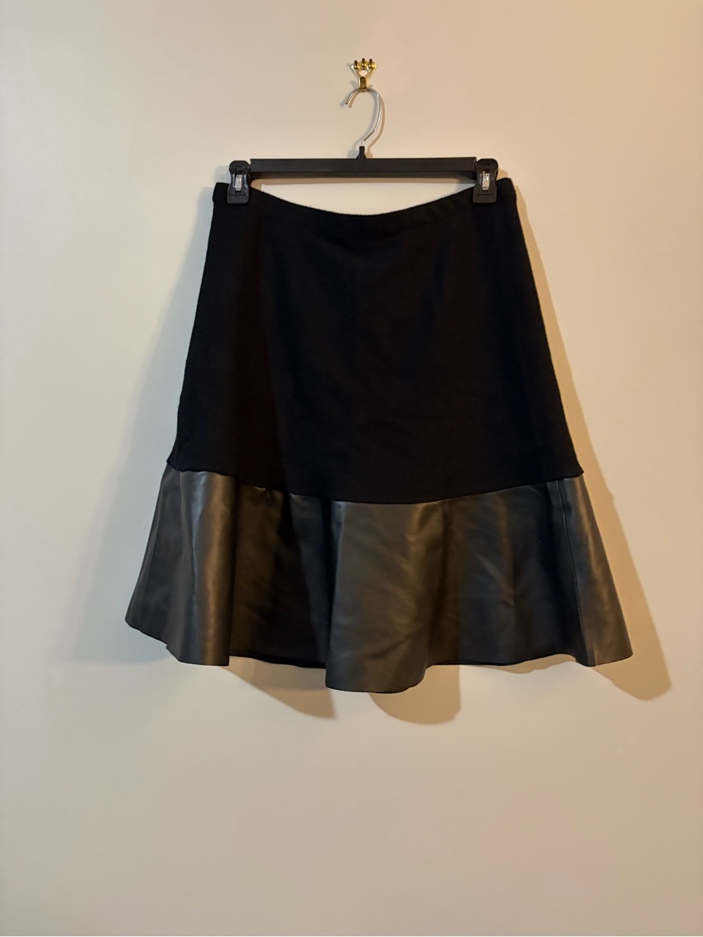 Women's Black A-Line Skirt with Faux Leather Flounce